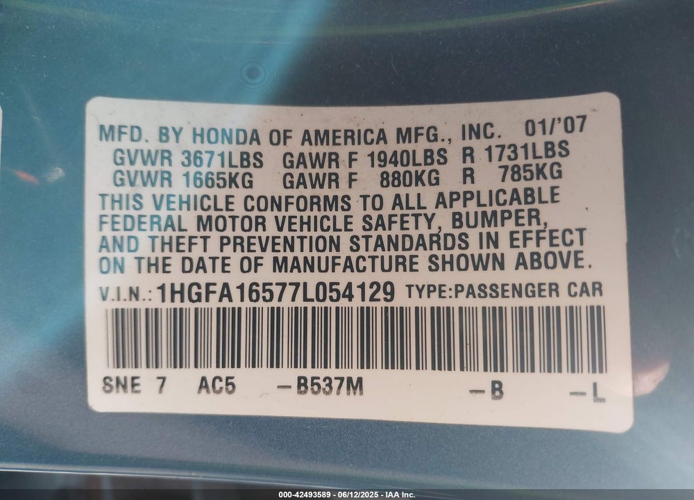 2007 HONDA CIVIC LX VIN: 1HGFA16577L054129