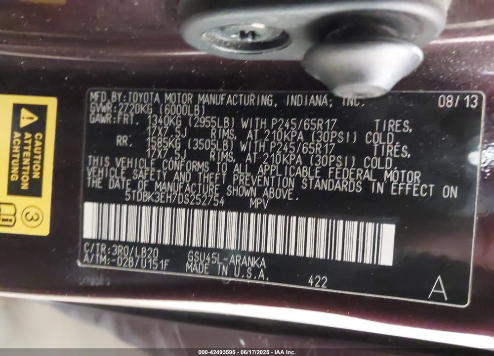 2013 TOYOTA HIGHLANDER SE V6 VIN: 5TDBK3EH7DS252754