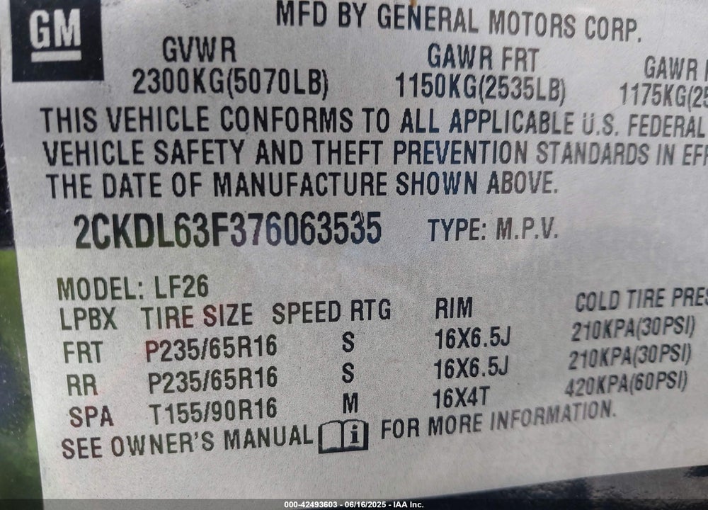 2007 PONTIAC TORRENT VIN: 2CKDL63F376063535