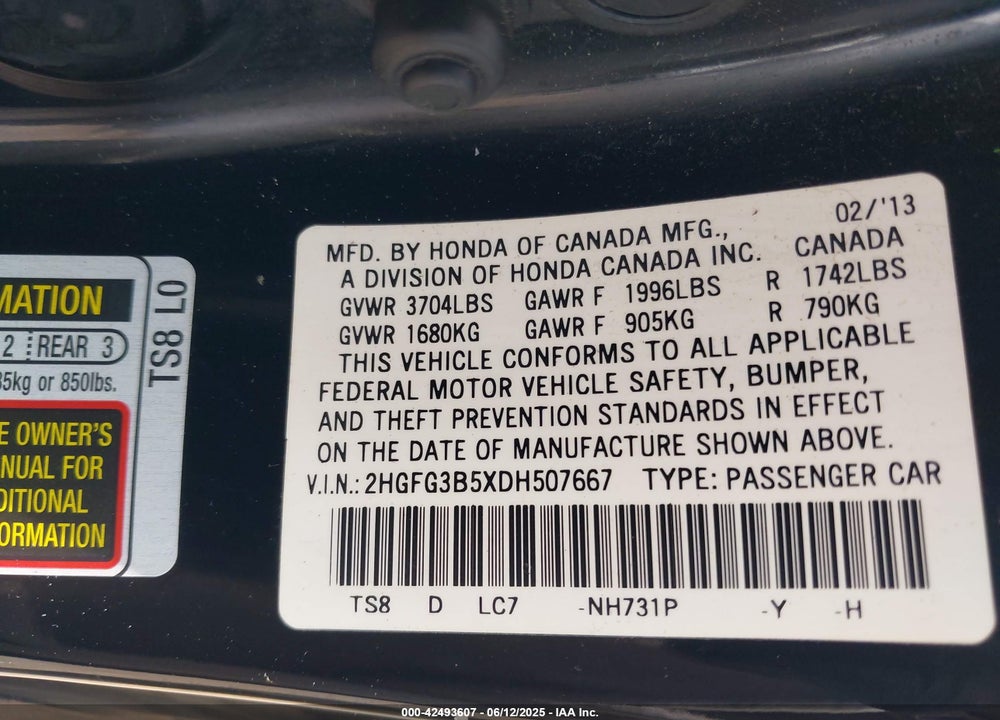 2013 HONDA CIVIC VIN: 2HGFG3B5XDH507667
