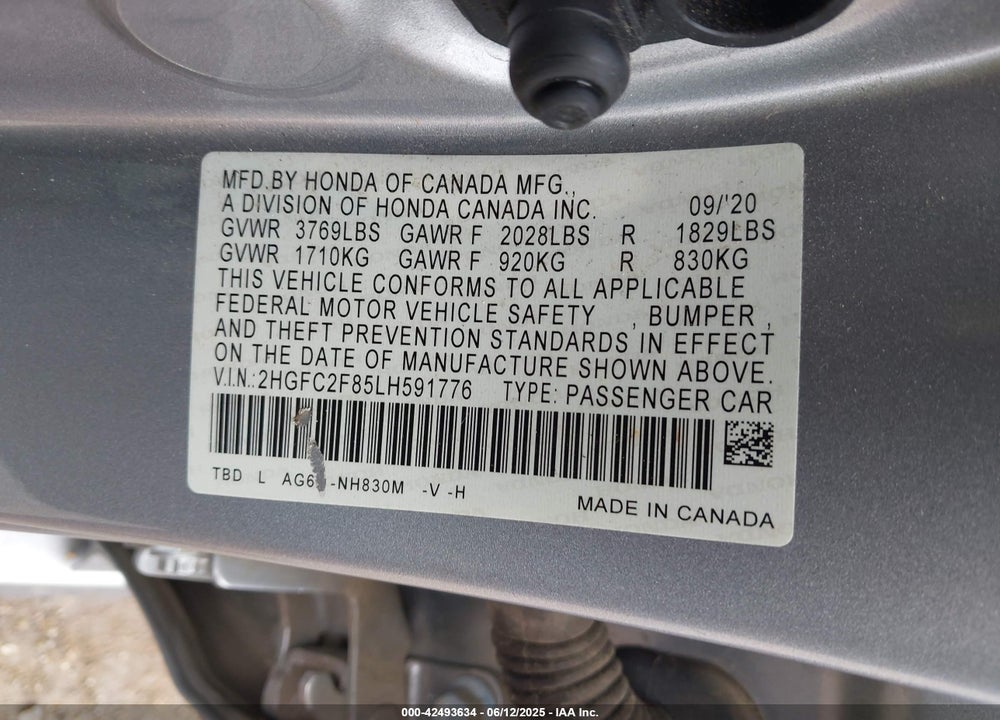 2020 HONDA CIVIC VIN: 2HGFC2F85LH591776
