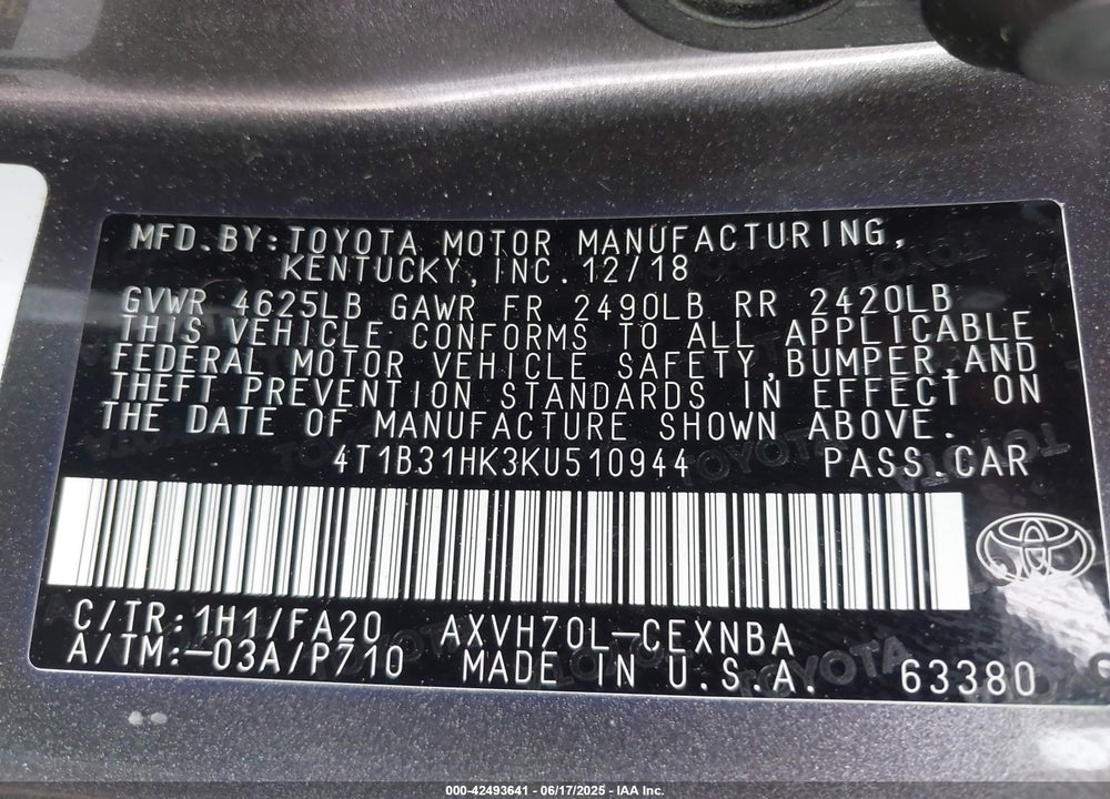 2019 TOYOTA CAMRY HYBRID VIN: 4T1B31HK3KU510944