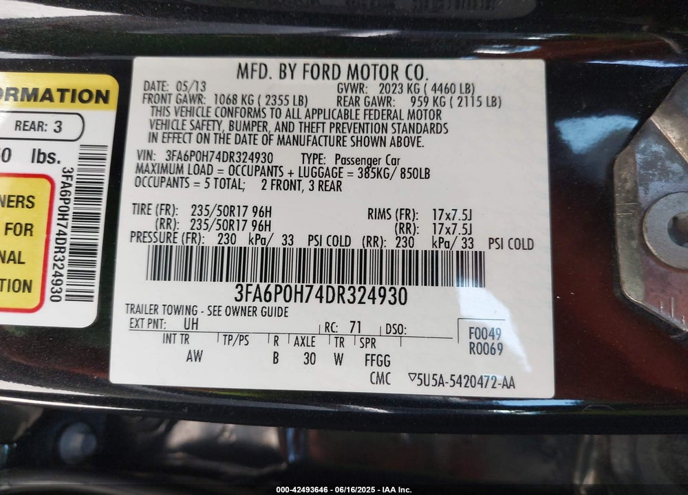 2013 FORD FUSION SE VIN: 3FA6P0H74DR324930