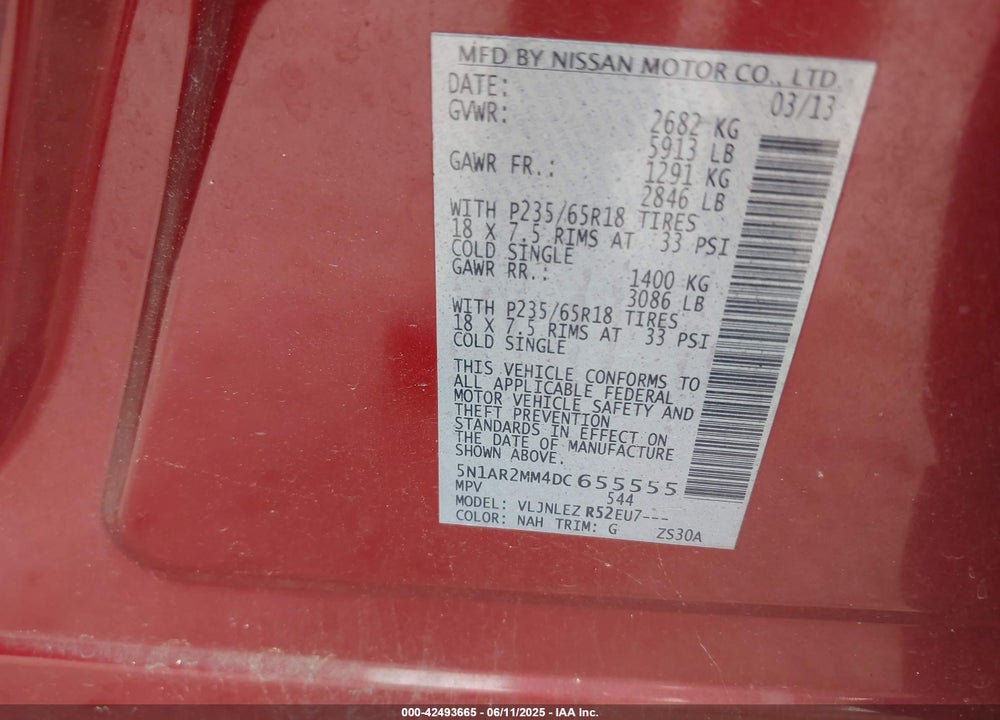 2013 NISSAN PATHFINDER VIN: 5N1AR2MM4DC655555