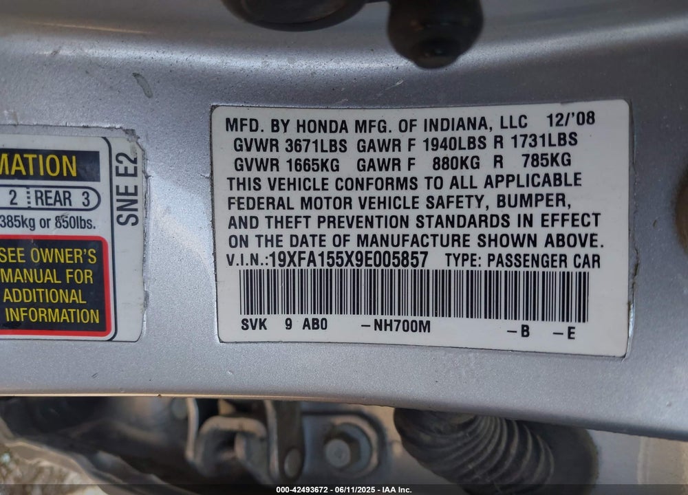 2009 HONDA CIVIC LX VIN: 19XFA155X9E005857