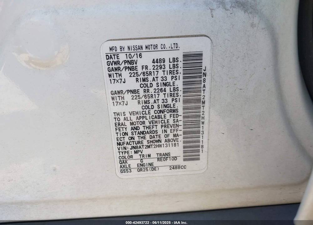 2017 NISSAN ROGUE SV VIN: JN8AT2MT2HW131181
