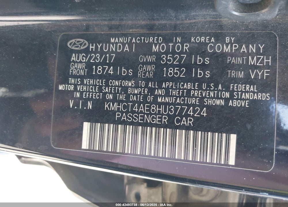 2017 HYUNDAI ACCENT VIN: KMHCT4AE8HU377424