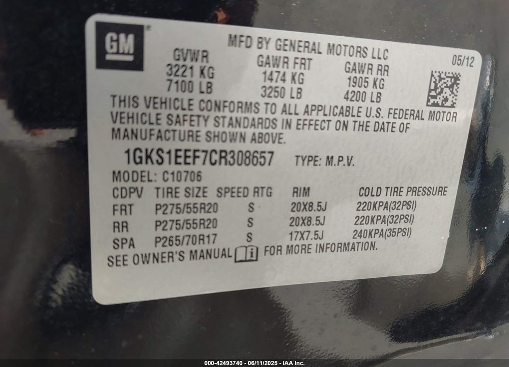 2012 GMC YUKON VIN: 1GKS1EEF7CR308657