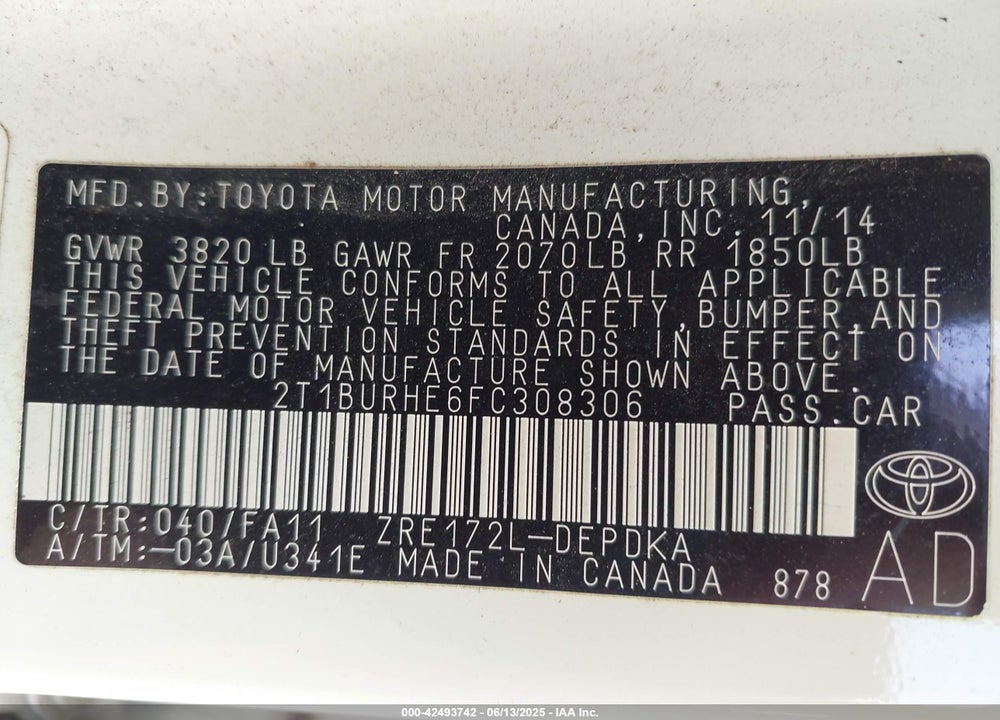 2015 TOYOTA COROLLA VIN: 2T1BURHE6FC308306