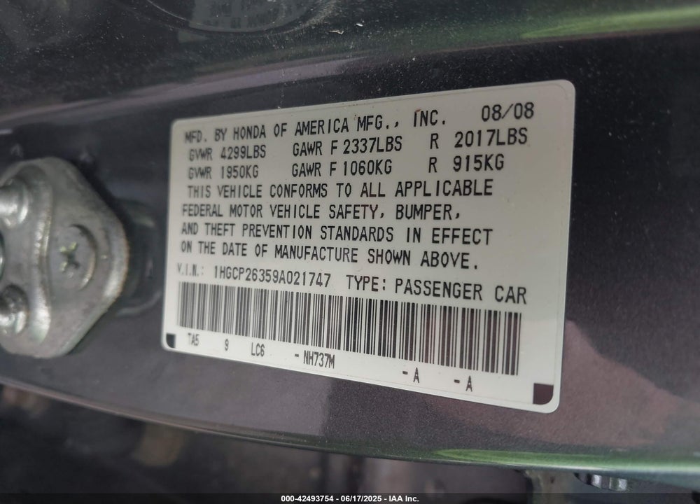 2009 HONDA ACCORD VIN: 1HGCP26359A021747