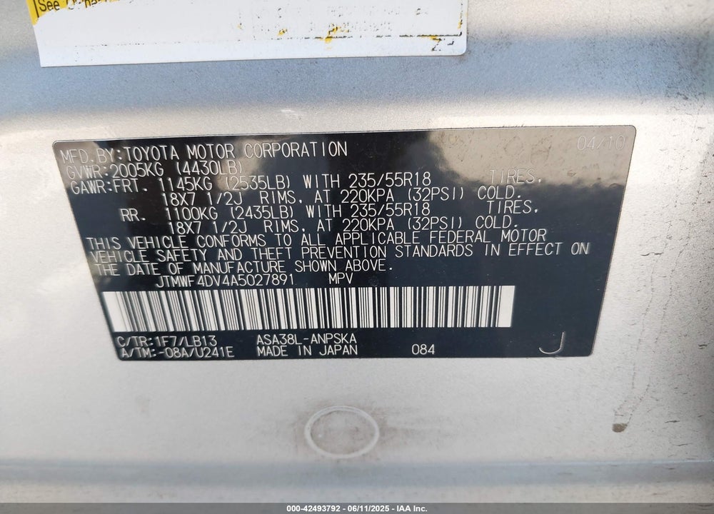 2010 TOYOTA RAV4 SPORT VIN: JTMWF4DV4A5027891