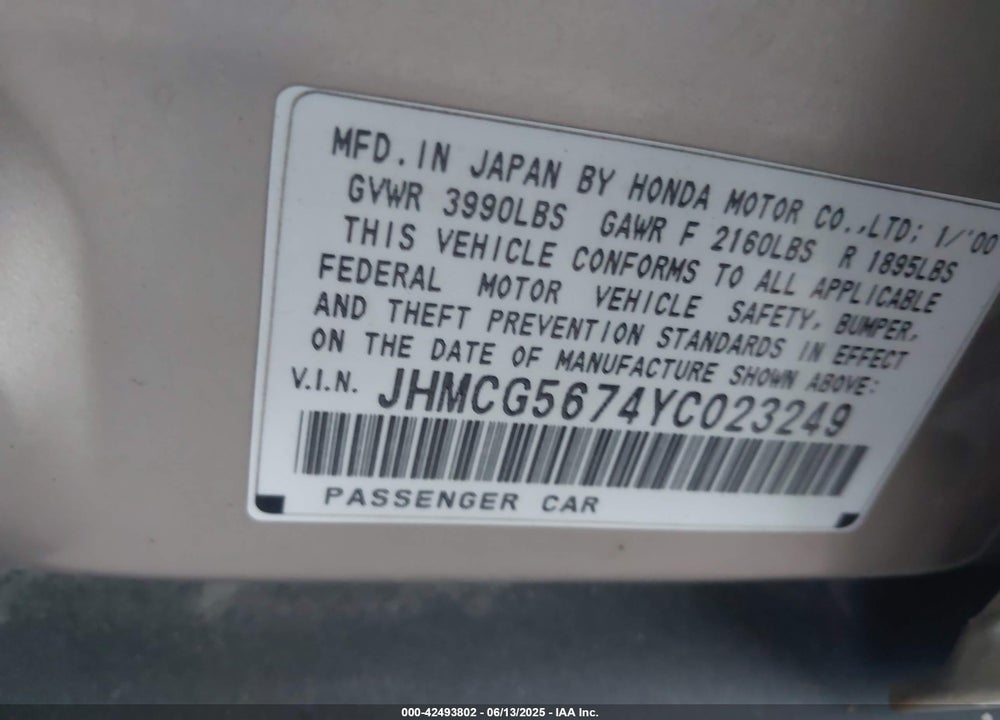 2000 HONDA ACCORD 2.3 SE VIN: JHMCG5674YC023249