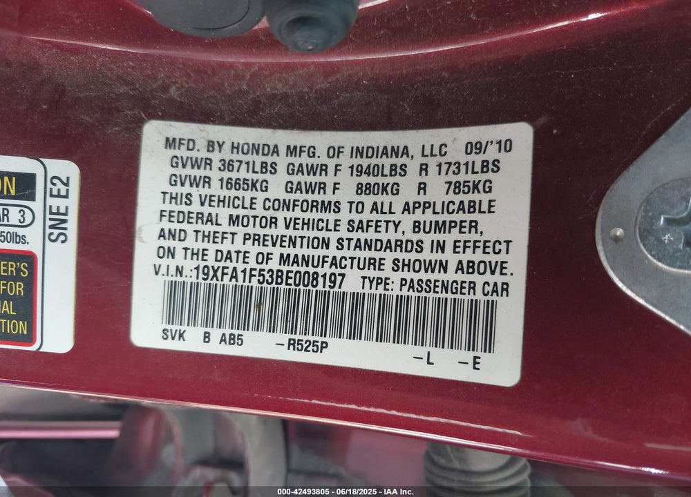 2011 HONDA CIVIC VIN: 19XFA1F53BE008197
