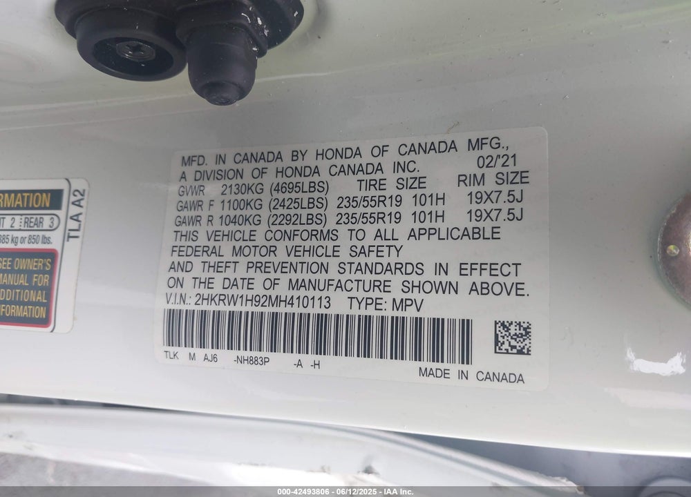2021 HONDA CR-V VIN: 2HKRW1H92MH410113