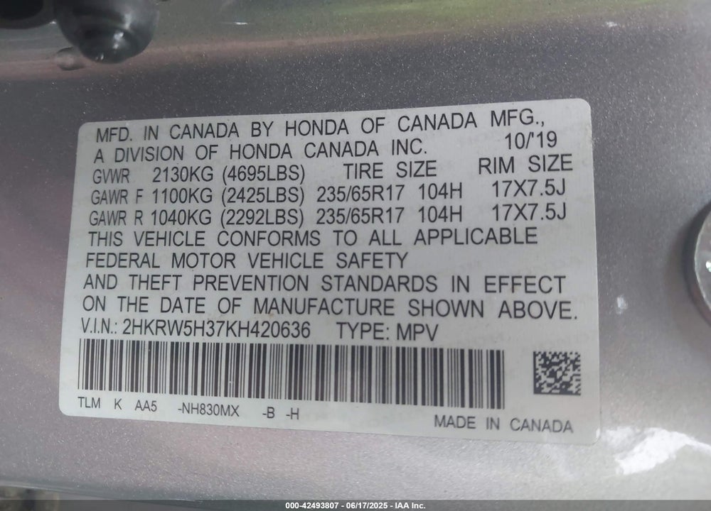 2019 HONDA CR-V VIN: 2HKRW5H37KH420636