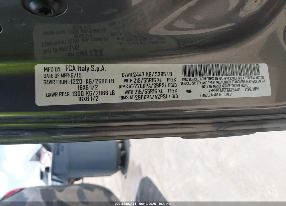 2015 RAM PROMASTER CITY TRADESMAN VIN: ZFBERFAT6F6A76440