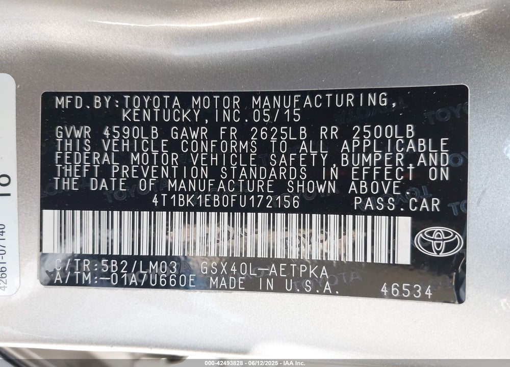 2015 TOYOTA AVALON VIN: 4T1BK1EB0FU172156