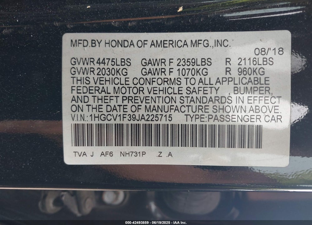 2018 HONDA ACCORD VIN: 1HGCV1F39JA225715
