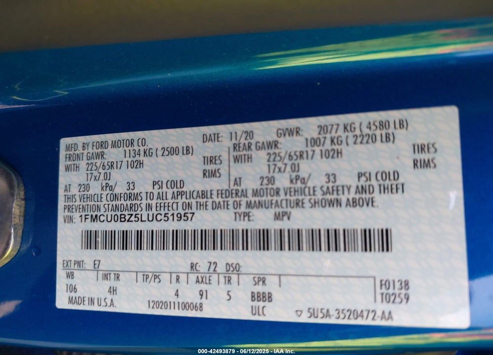 2020 FORD ESCAPE SE SPORT HYBRID VIN: 1FMCU0BZ5LUC51957