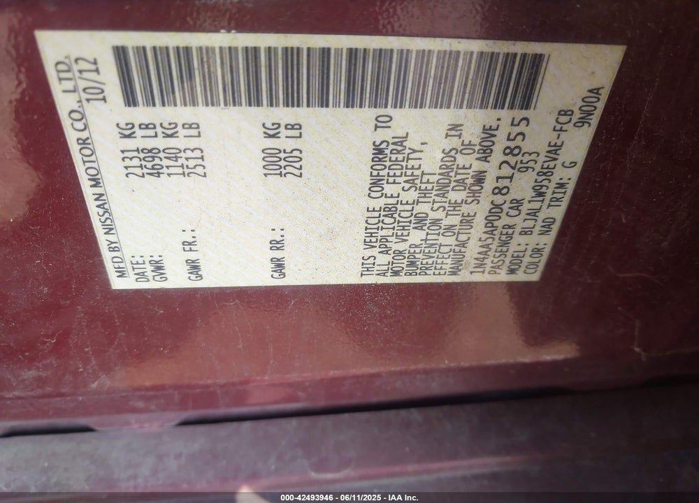 2013 NISSAN MAXIMA 3.5 SV VIN: 1N4AA5AP0DC812855