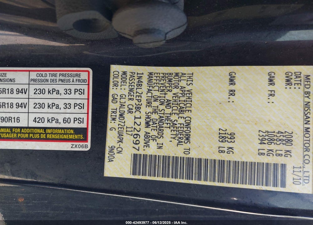 2011 NISSAN ALTIMA 3.5 SR VIN: 1N4BL2EP3BC122697