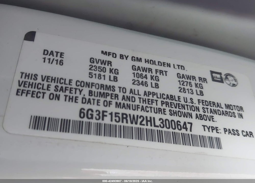 2017 CHEVROLET SS VIN: 6G3F15RW2HL300647