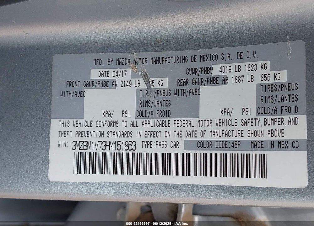 2017 MAZDA 3 VIN: 3MZBN1V73HM151863