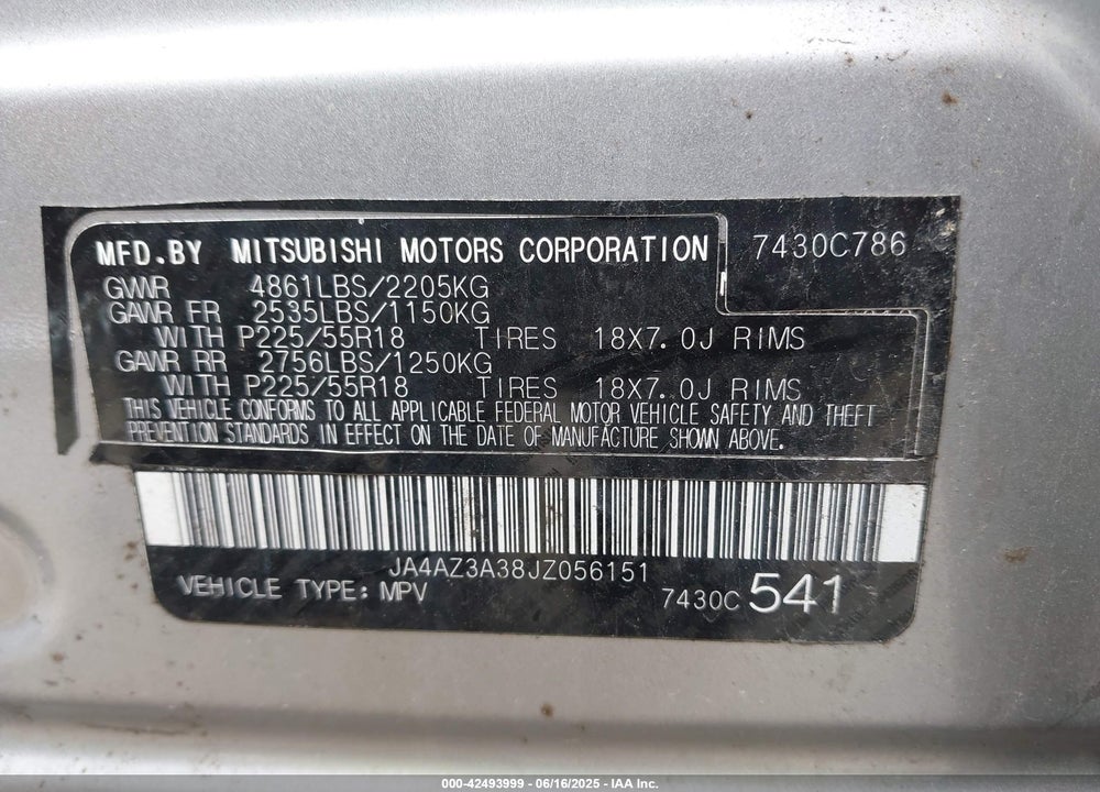 2018 MITSUBISHI OUTLANDER ES VIN: JA4AZ3A38JZ056151