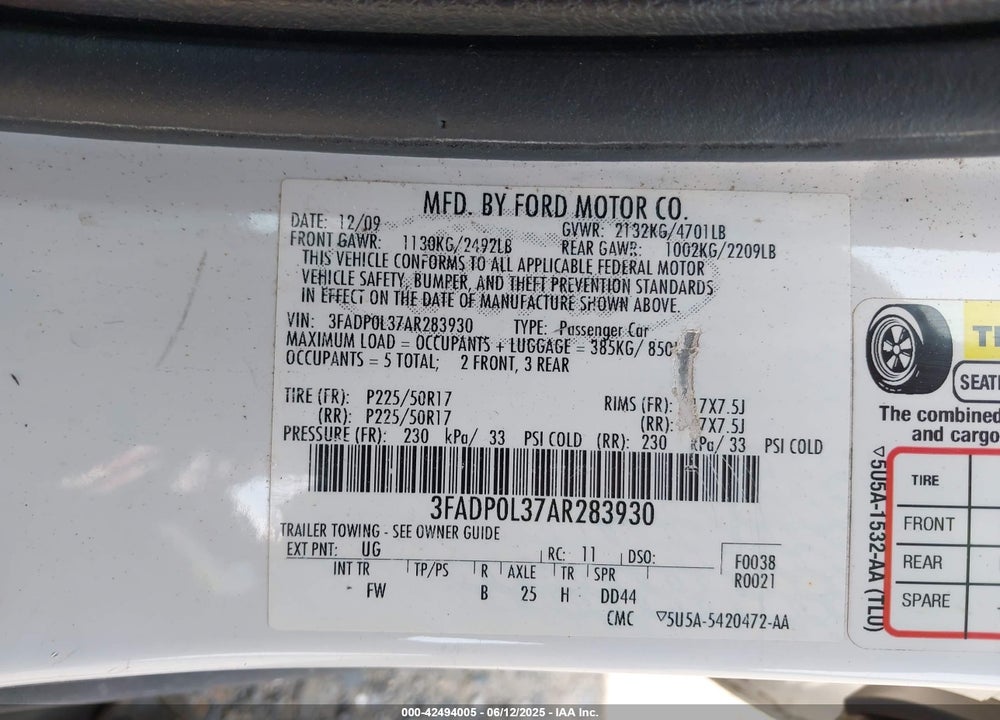 2010 FORD FUSION HYBRID VIN: 3FADP0L37AR283930