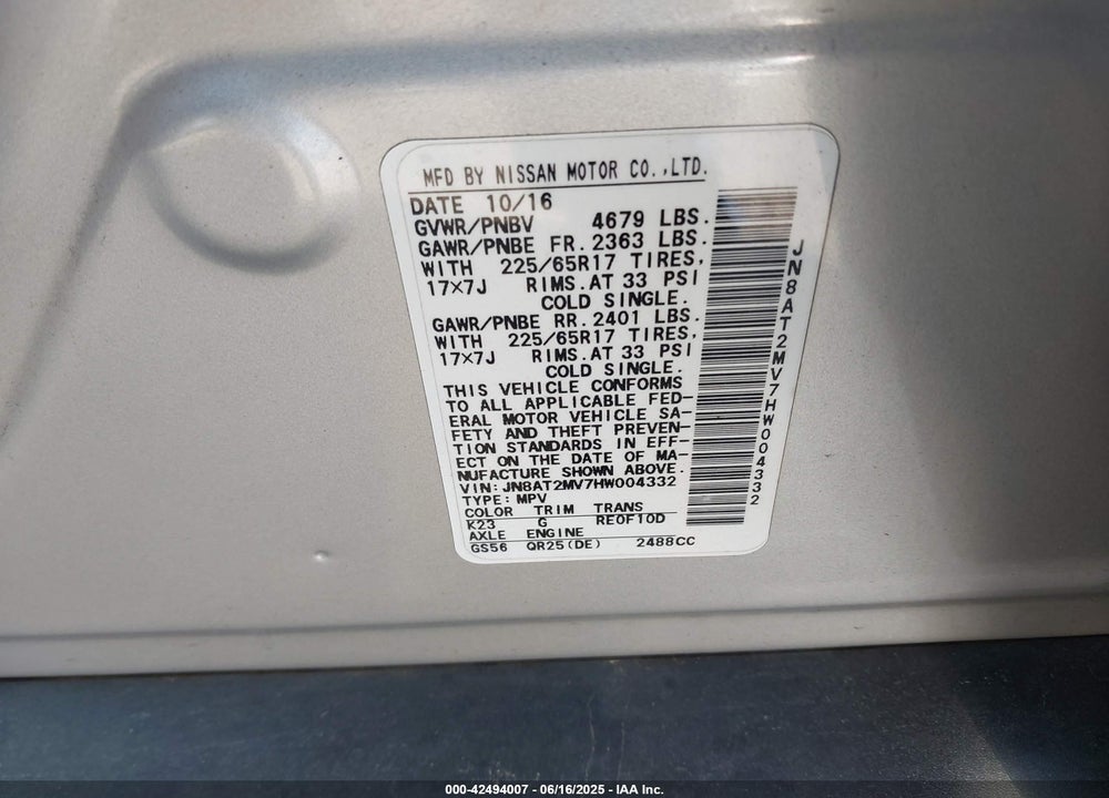 2017 NISSAN ROGUE S VIN: JN8AT2MV7HW004332