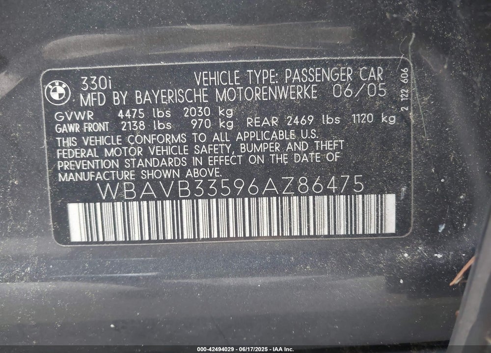 2006 BMW 330 I VIN: WBAVB33596AZ86475