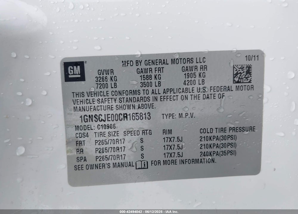 2012 CHEVROLET SUBURBAN 1500 VIN: 1GNSCJE00CR165813