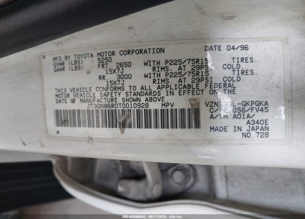 1996 TOYOTA 4RUNNER SR5 VIN: JT3GN86R0T0010928