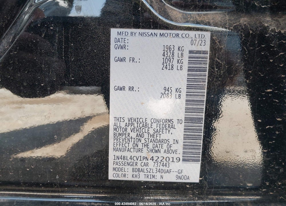 2023 NISSAN ALTIMA VIN: 1N4BL4CV1PN422019