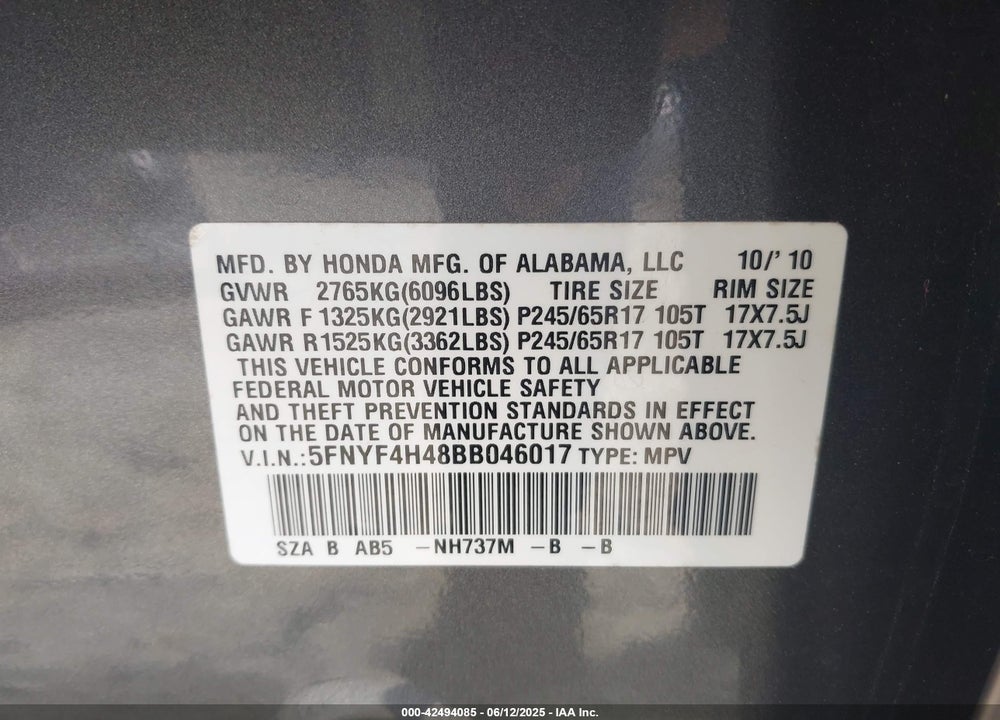 2011 HONDA PILOT VIN: 5FNYF4H48BB046017