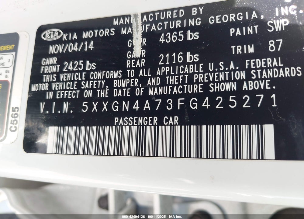 2015 KIA OPTIMA EX VIN: 5XXGN4A73FG425271