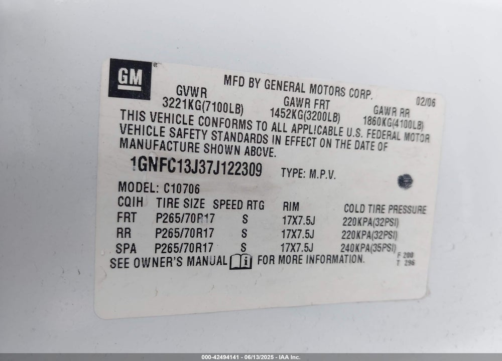 2007 CHEVROLET TAHOE VIN: 1GNFC13J37J122309