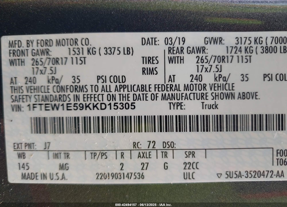 2019 FORD F-150 VIN: 1FTEW1E59KKD15305