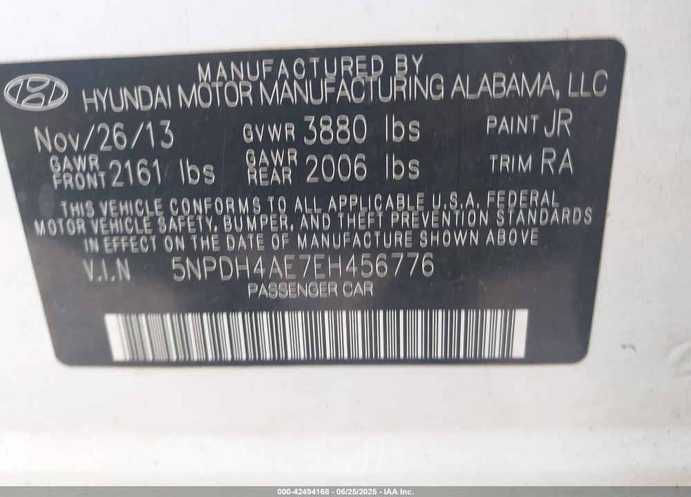 2014 HYUNDAI ELANTRA VIN: 5NPDH4AE7EH456776