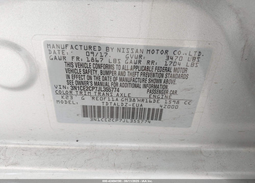 2018 NISSAN VERSA NOTE VIN: 3N1CE2CP7JL355774