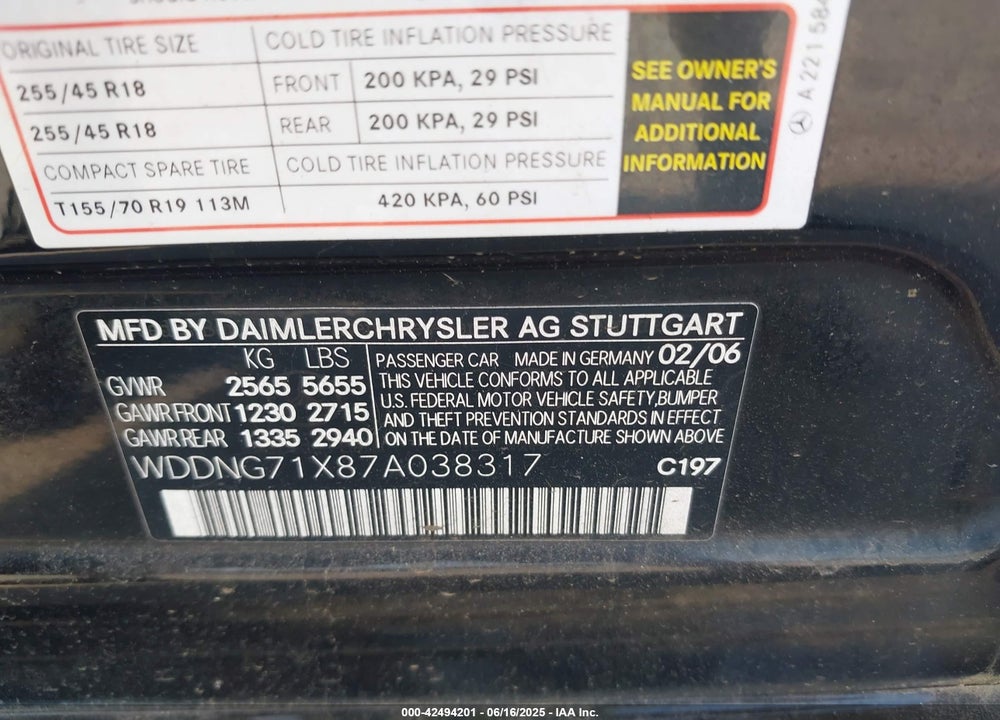 2007 MERCEDES-BENZ S 550 VIN: WDDNG71X87A038317