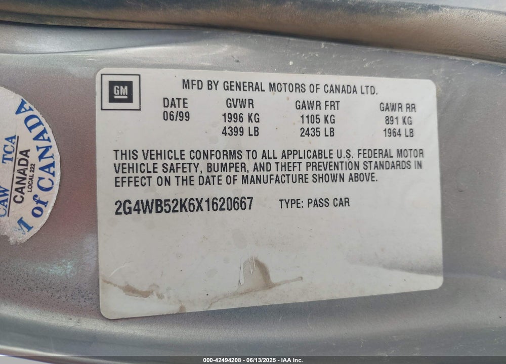 1999 BUICK REGAL LS VIN: 2G4WB52K6X1620667