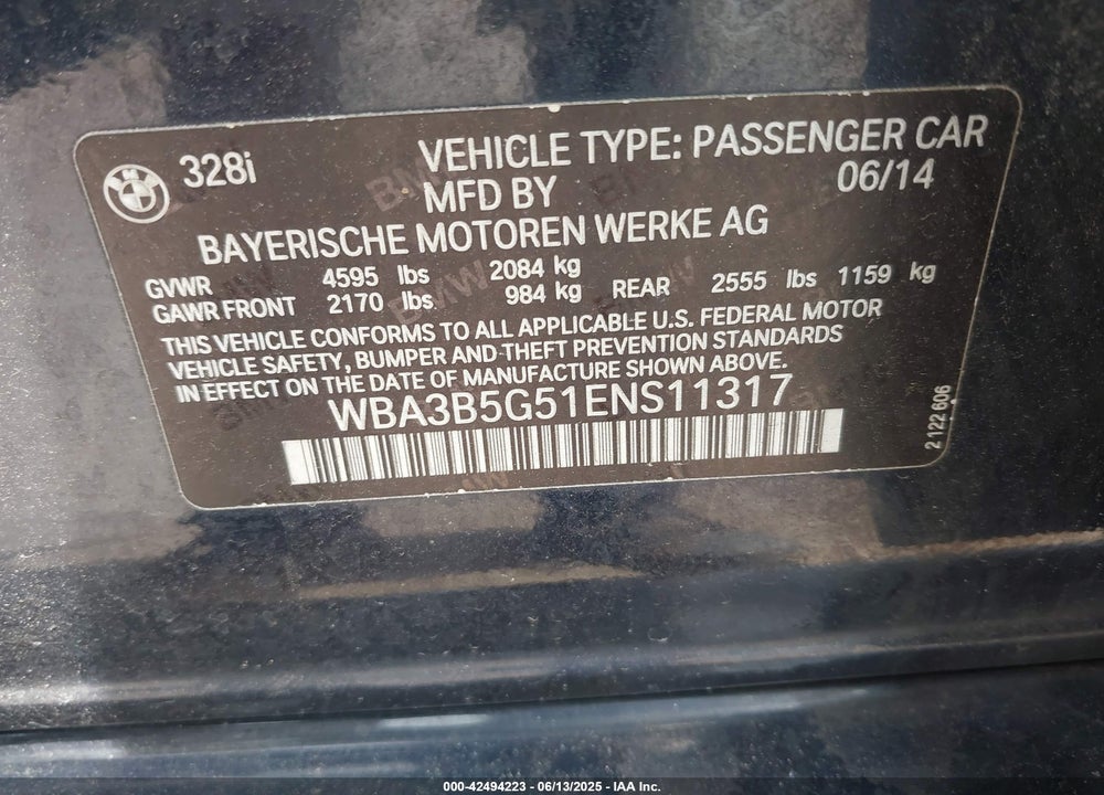 2014 BMW 3 SERIES VIN: WBA3B5G51ENS11317