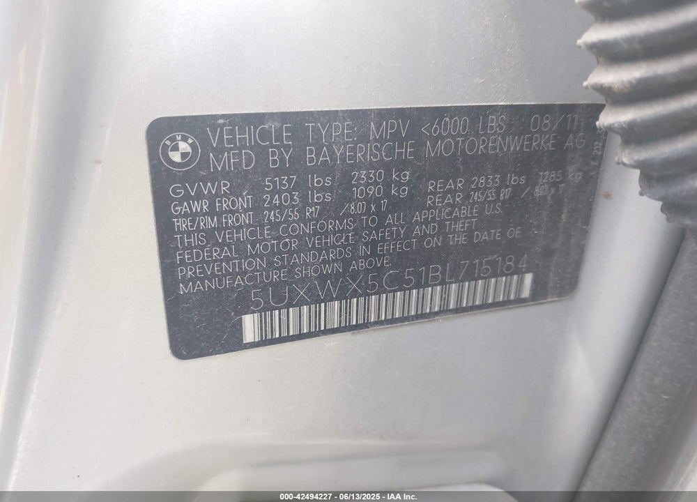 2011 BMW X3 VIN: 5UXWX5C51BL715184