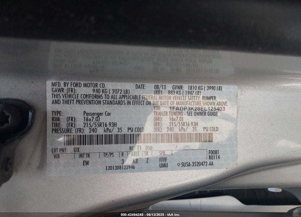 2014 FORD FOCUS VIN: 1FADP3K28EL125403