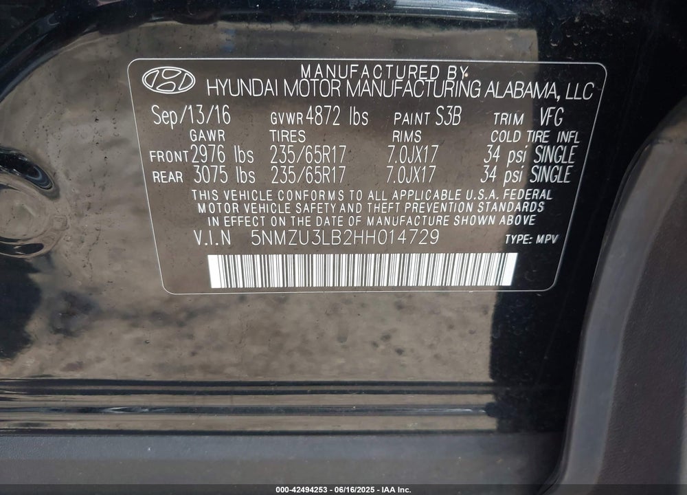 2017 HYUNDAI SANTA FE SPORT VIN: 5NMZU3LB2HH014729