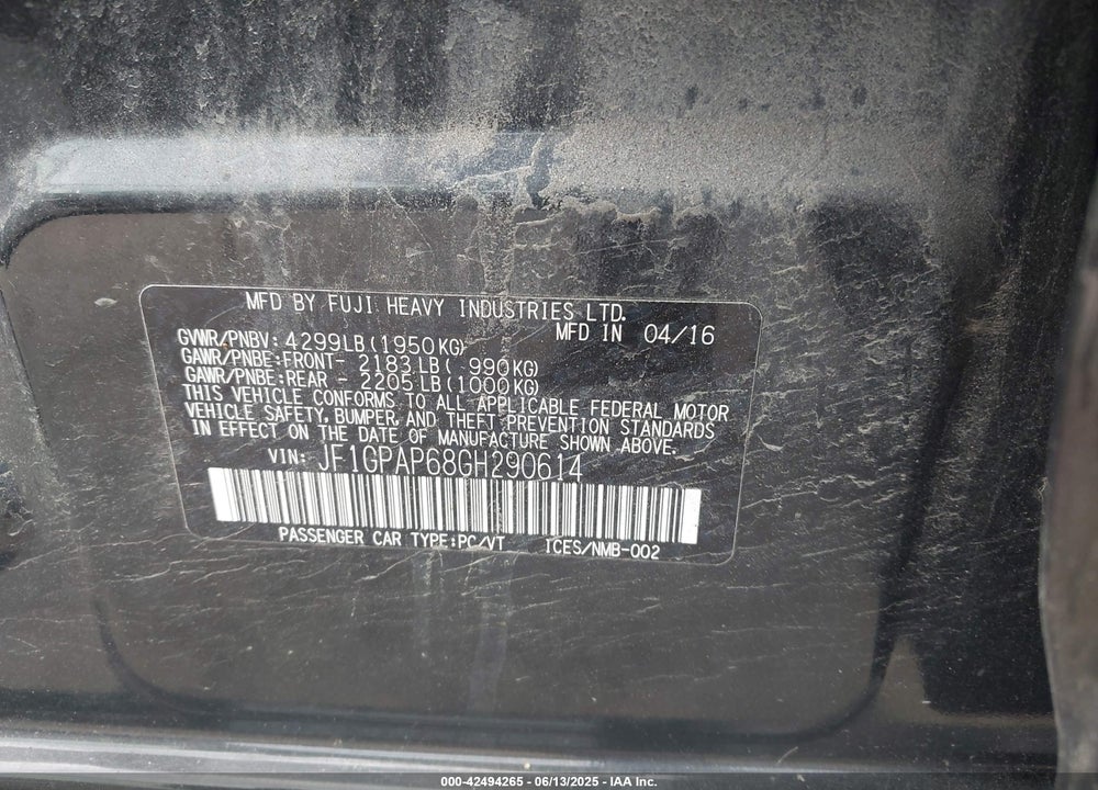 2016 SUBARU IMPREZA VIN: JF1GPAP68GH290614