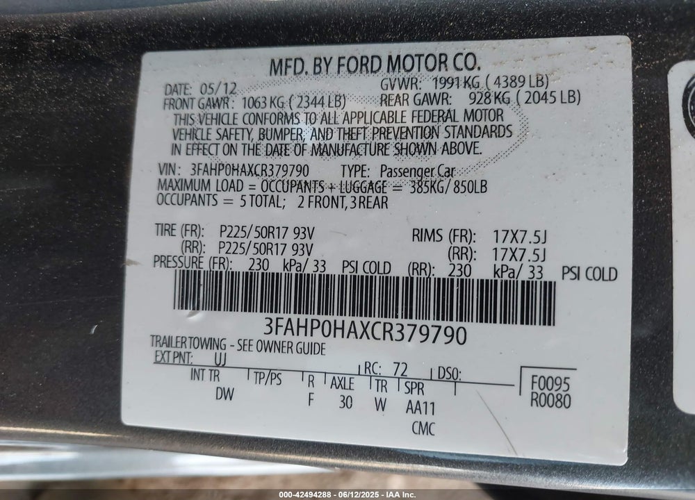 2012 FORD FUSION VIN: 3FAHP0HAXCR379790