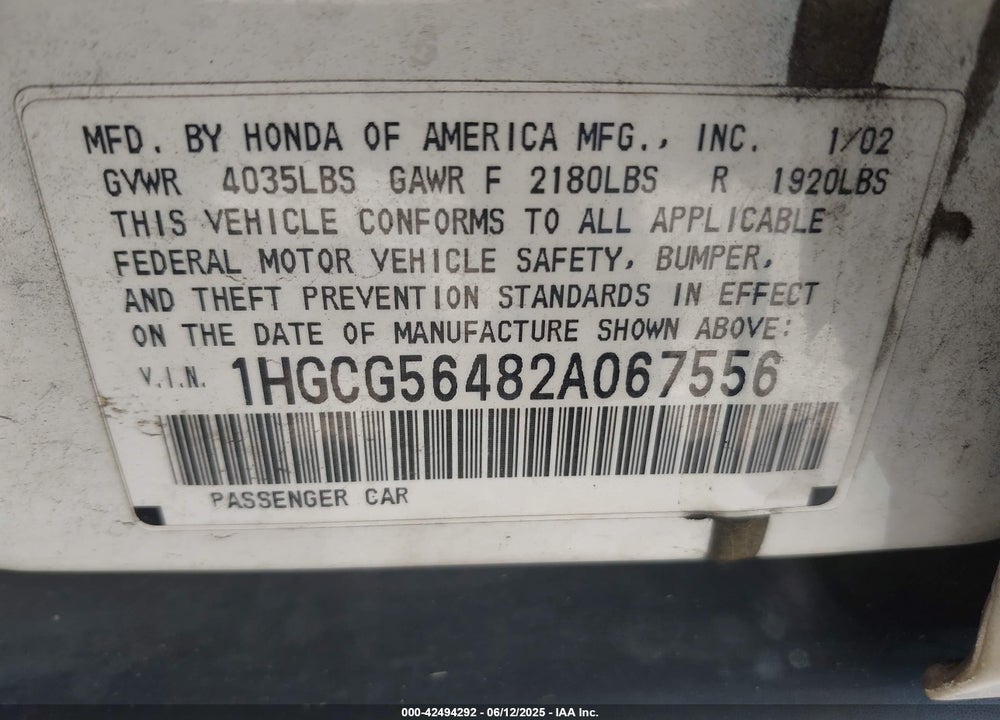2002 HONDA ACCORD 2.3 LX VIN: 1HGCG56482A067556