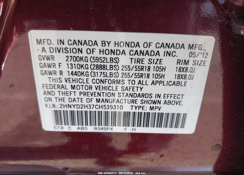 2012 ACURA MDX VIN: 2HNYD2H37CH539310